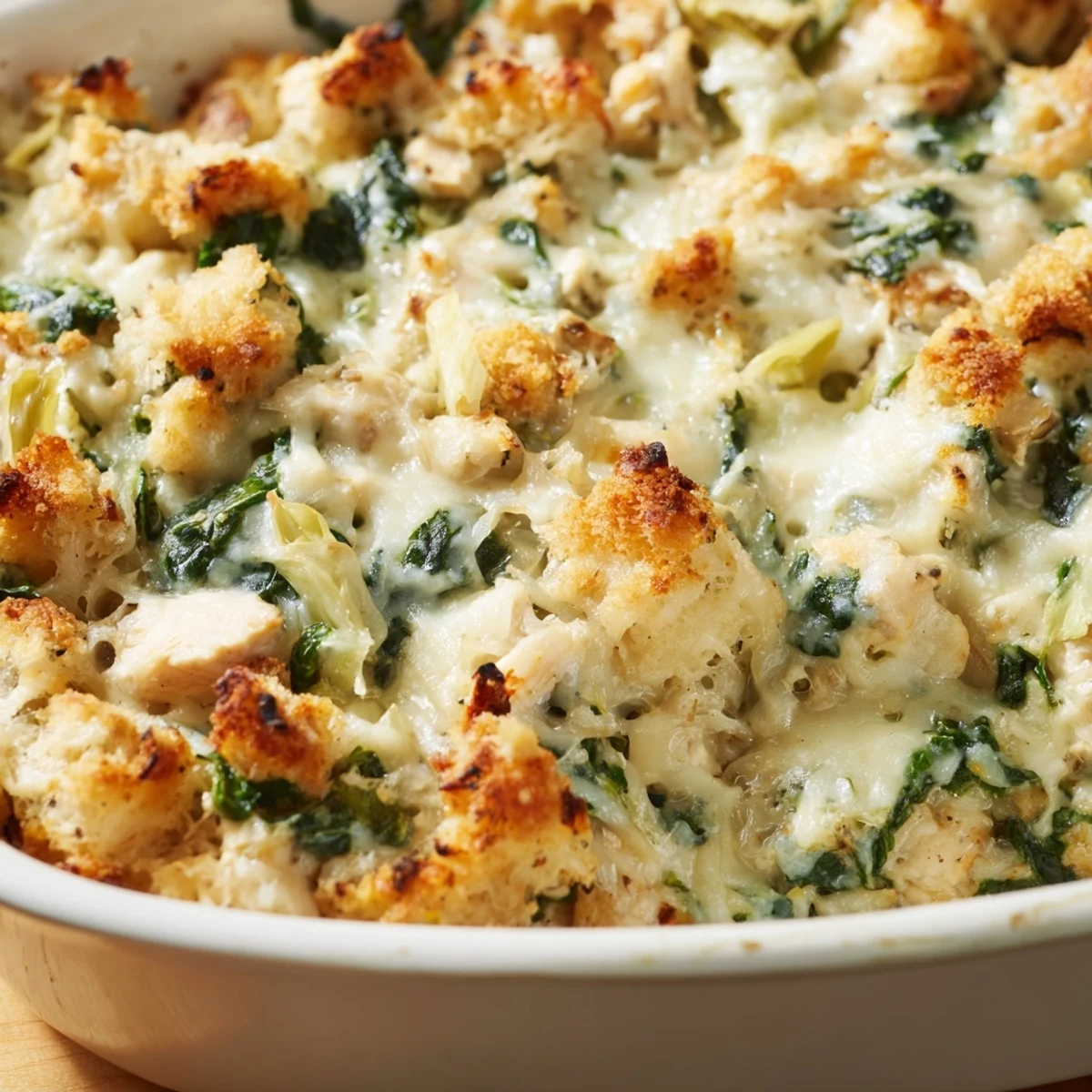 Creamy high protein spinach and artichoke chicken casserole served in a baking dish