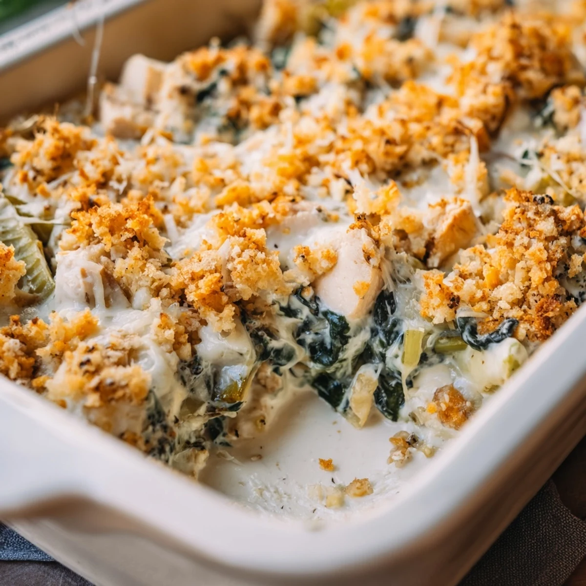 Golden brown spinach and artichoke chicken casserole with bubbling melted cheese topping