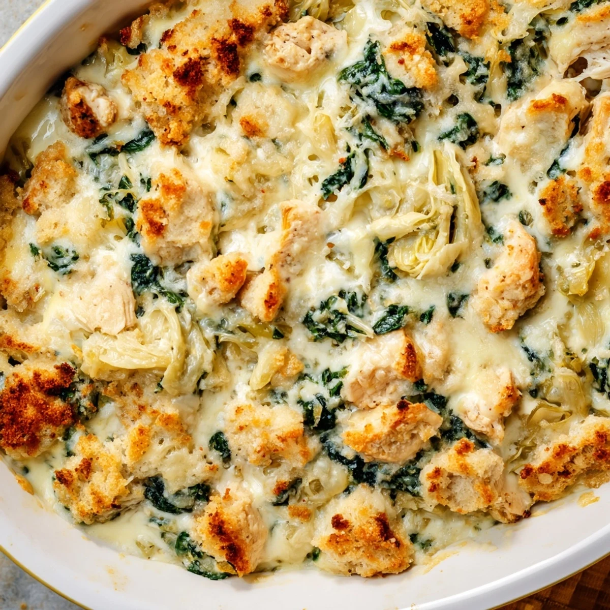 Baked spinach and artichoke chicken casserole featuring golden crispy panko breadcrumb topping