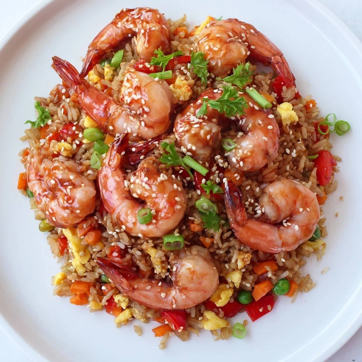 Garlic prawns and sweet chilli fried rice plated with colorful vegetables and fresh parsley garnish