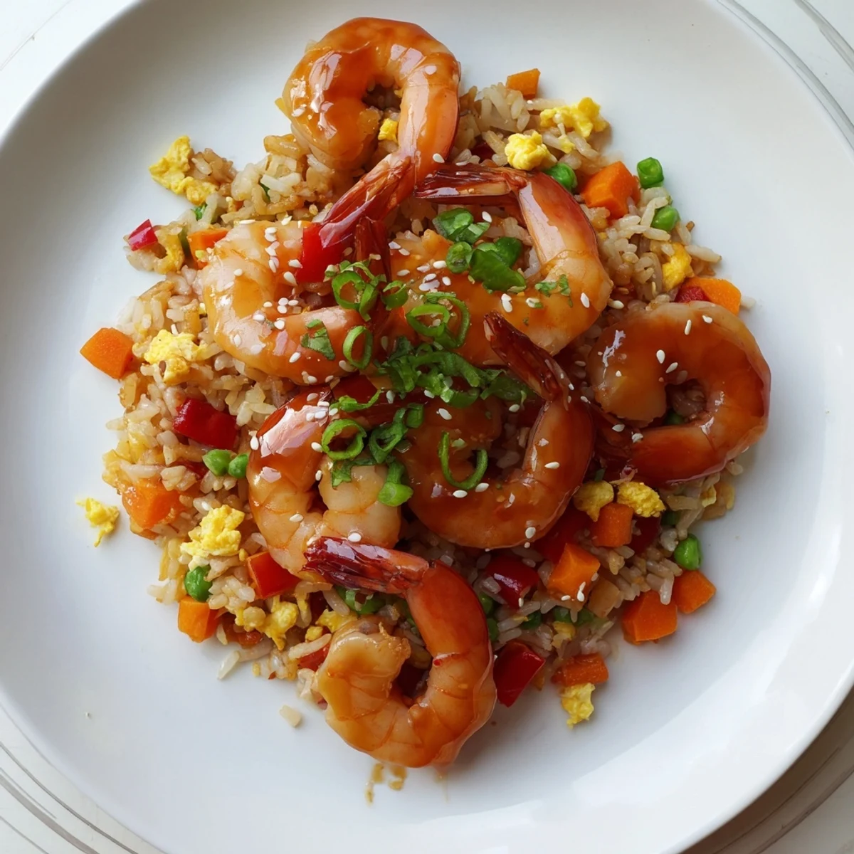 Asian fusion garlic prawns served over vibrant vegetable fried rice with spring onions and peas