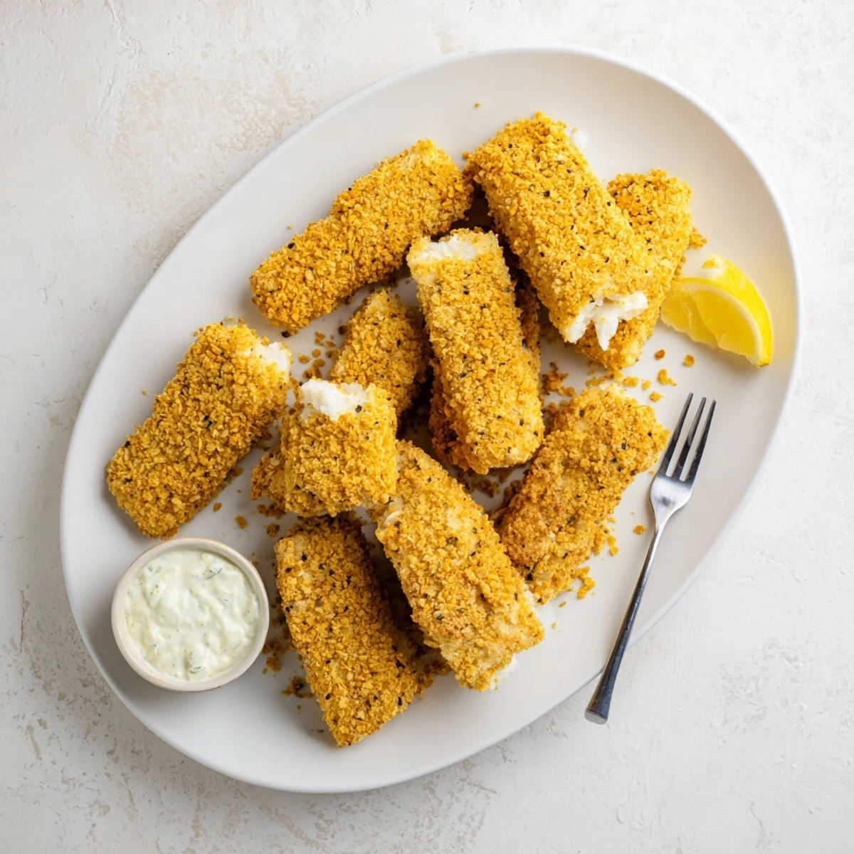 Golden baked corn chip fish fingers arranged on a white serving platter with fresh lemon wedges