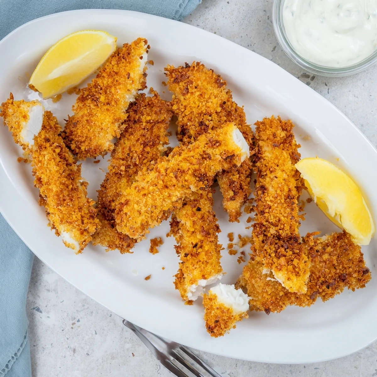 Crunchy corn chip fish fingers strips displayed on parchment paper after baking to golden perfection
