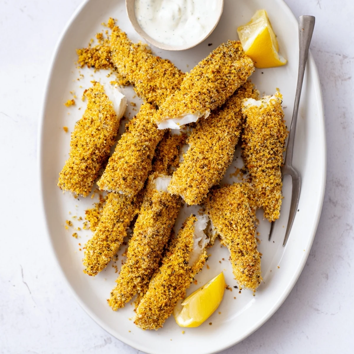 Family style corn chip fish fingers plated with tartare sauce for dipping and sharing