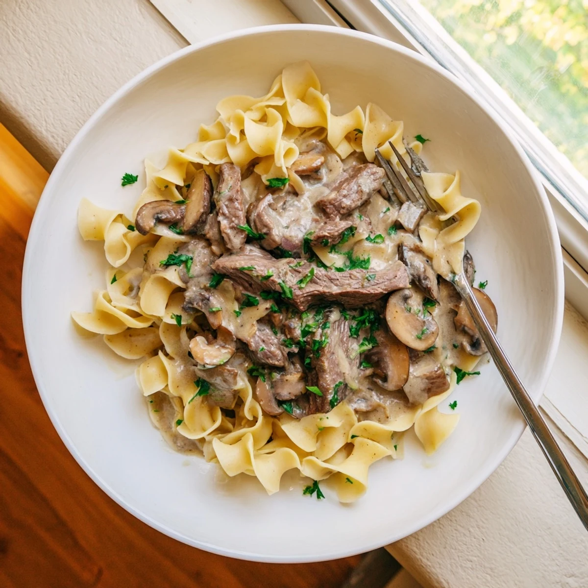 Creamy beef and mushroom stroganoff served over egg noodles with fresh parsley garnish
