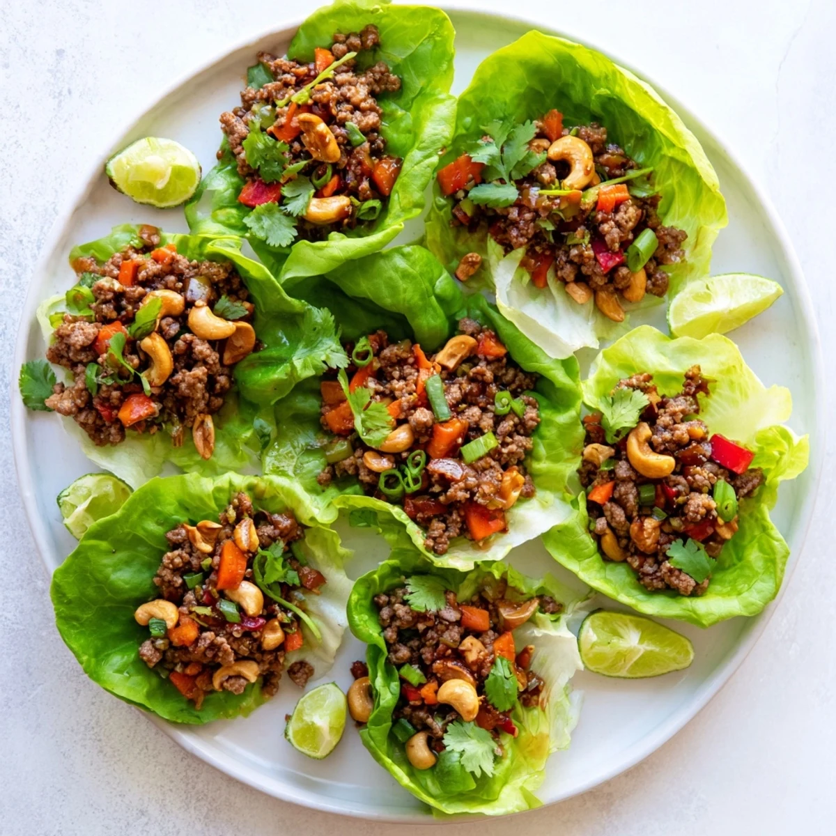 Crisp lettuce cups filled with savory beef and cashew stir-fry topped with fresh cilantro