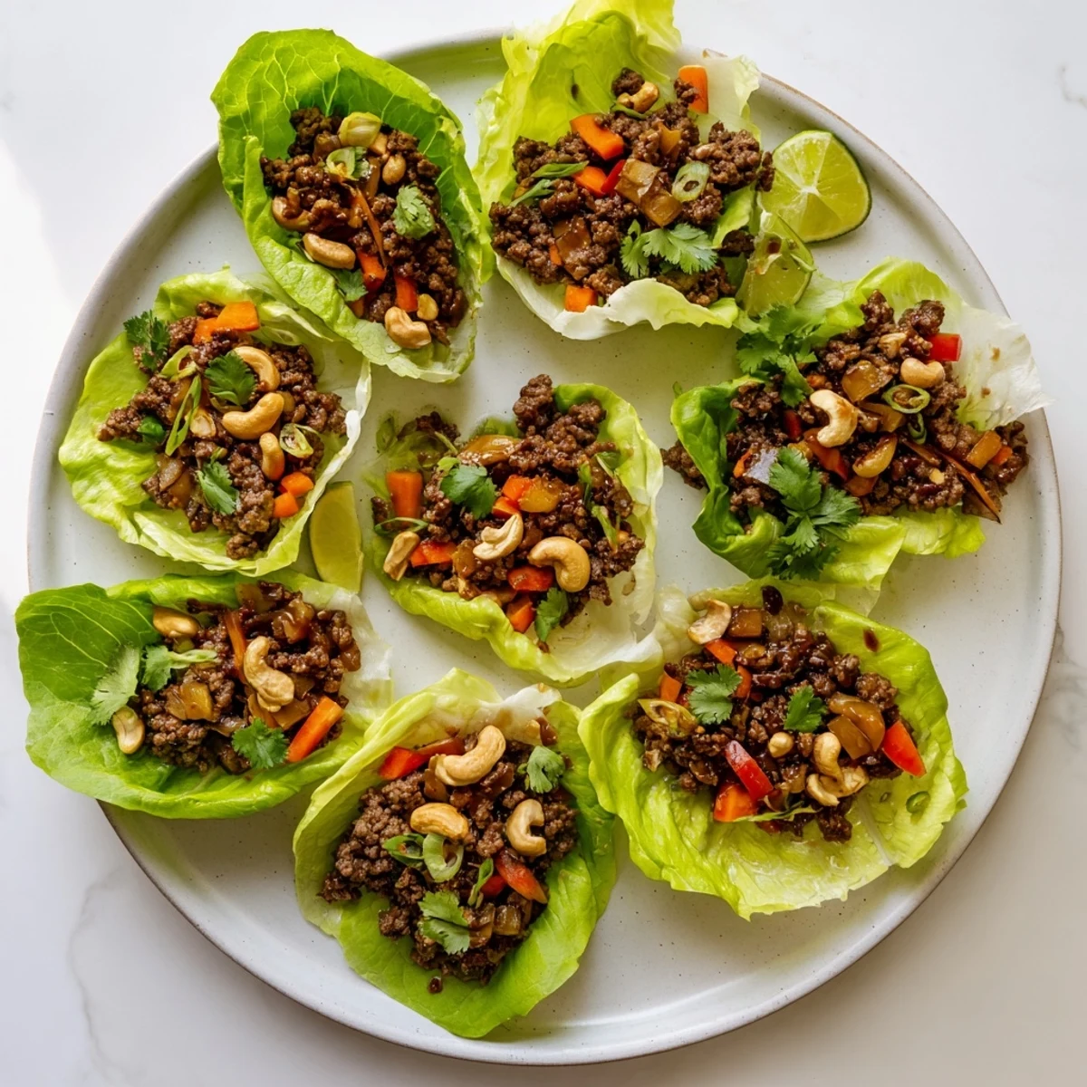 Asian-inspired beef and cashew lettuce cups garnished with lime wedges and green onions