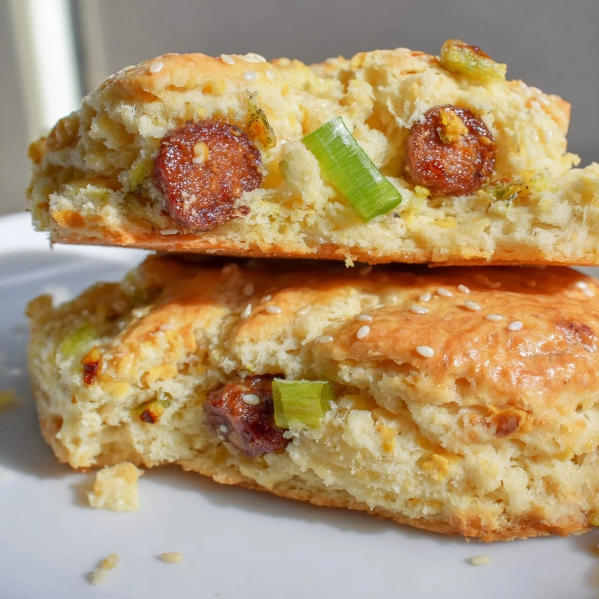 Golden homemade Chinese sausage biscuits flecked with savory sausage bits and scallions