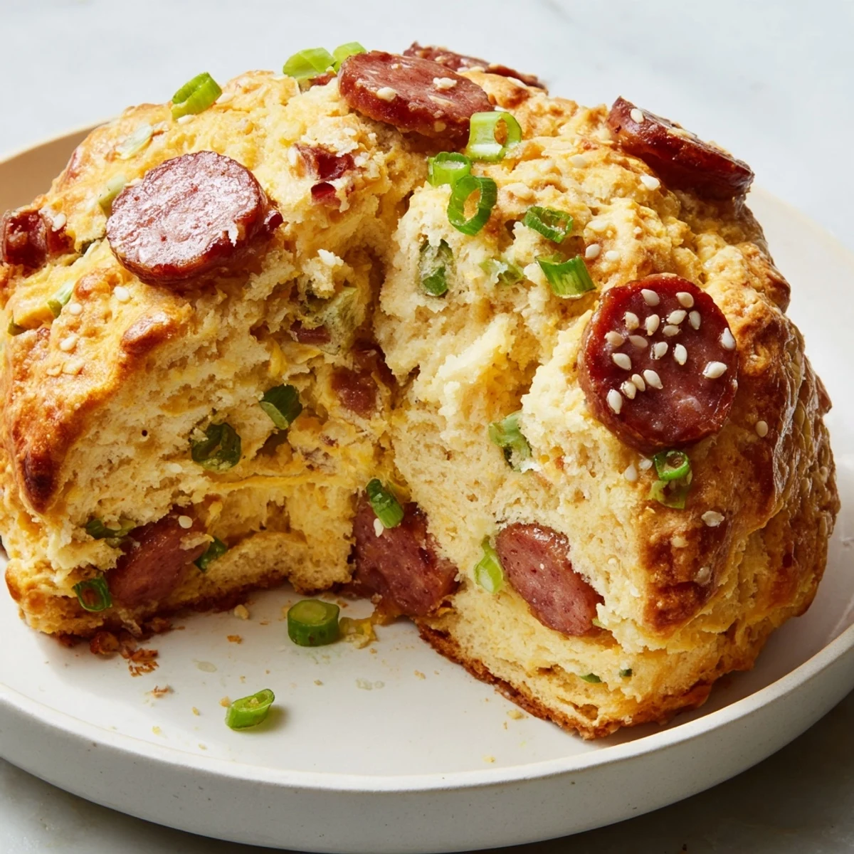 Flaky buttery biscuits baked with diced Chinese sausage and green onion pieces