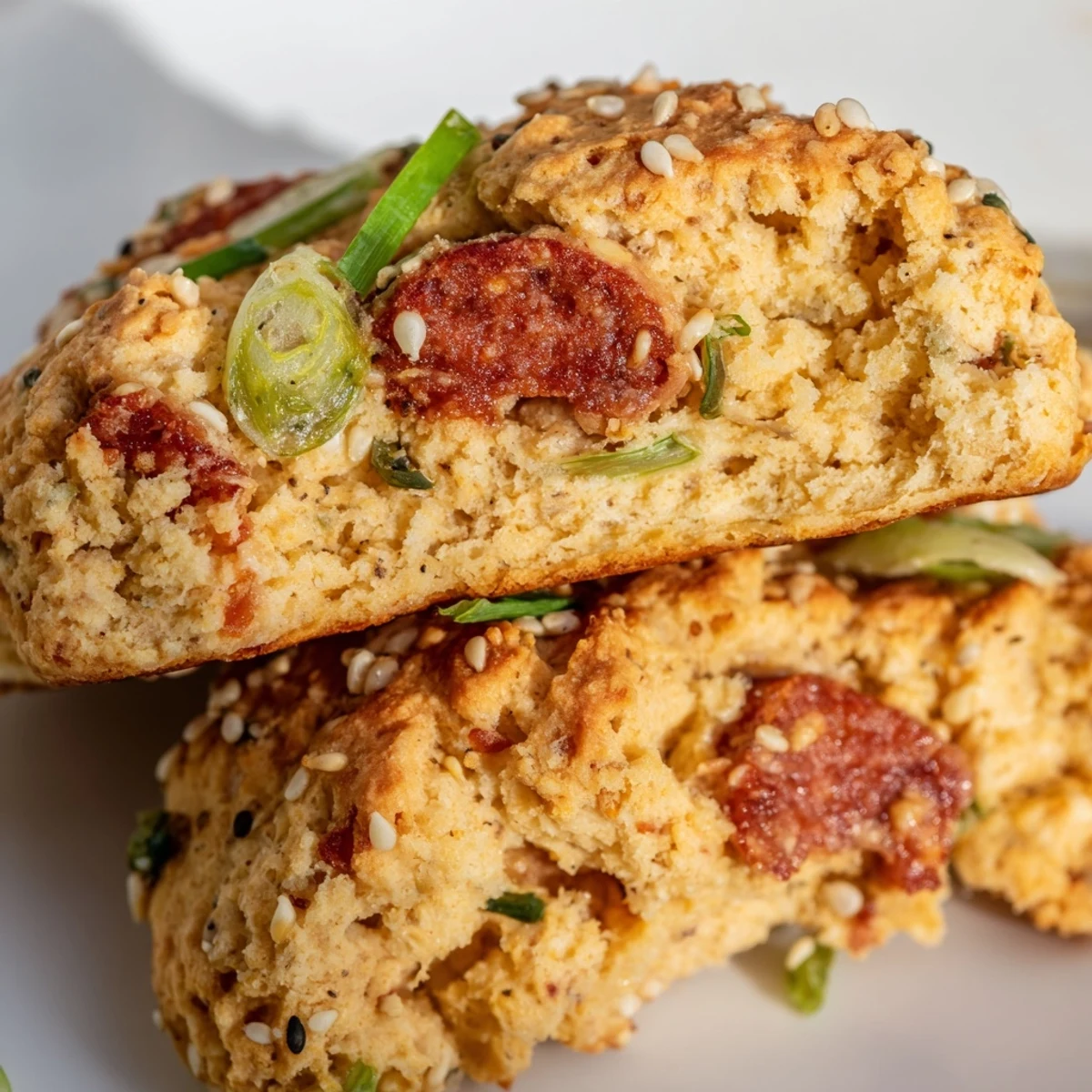 Warm breakfast biscuits studded with sweet Chinese sausage and sesame seed topping