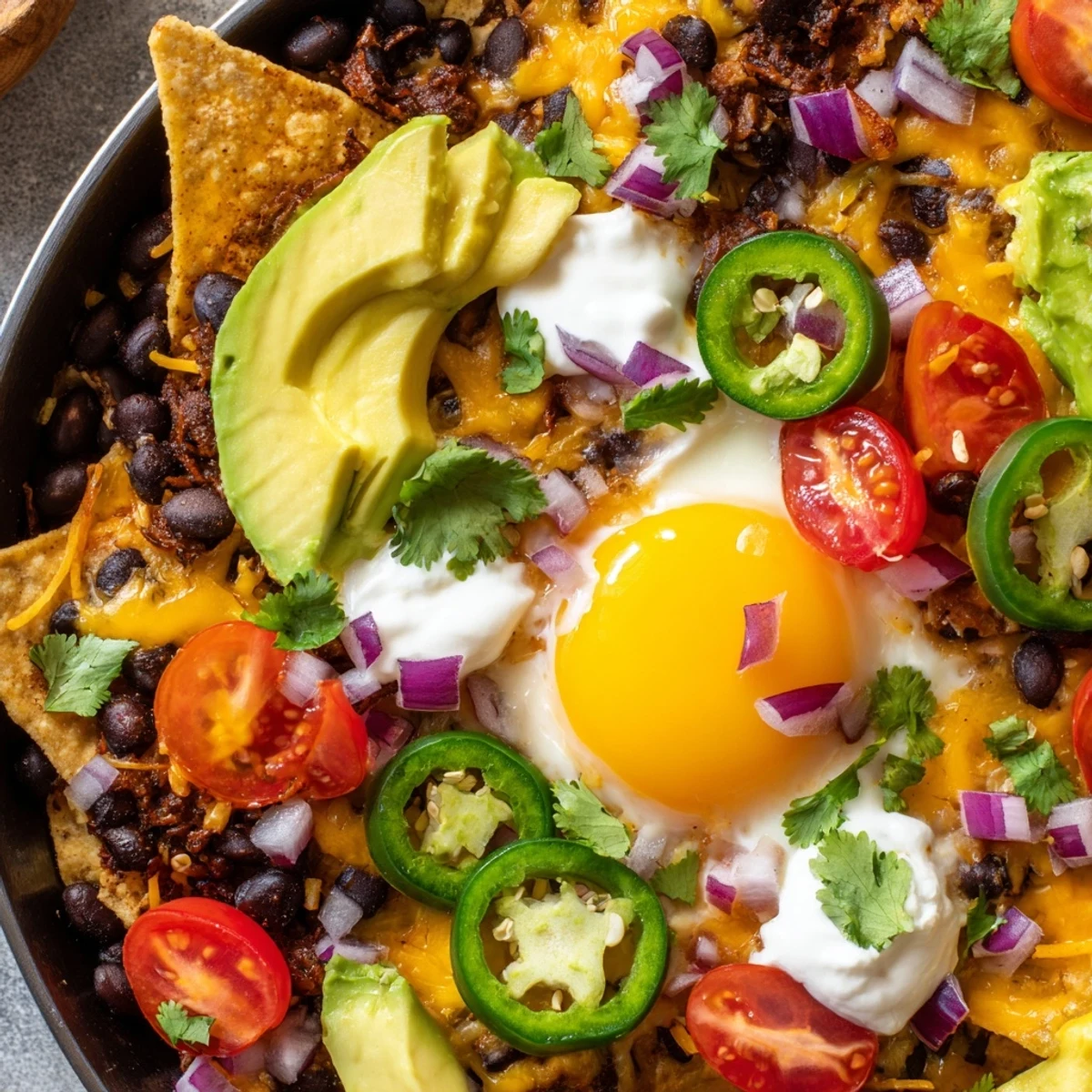 Golden Mexican egg nachos topped with melted cheese, fresh avocado, and zesty salsa