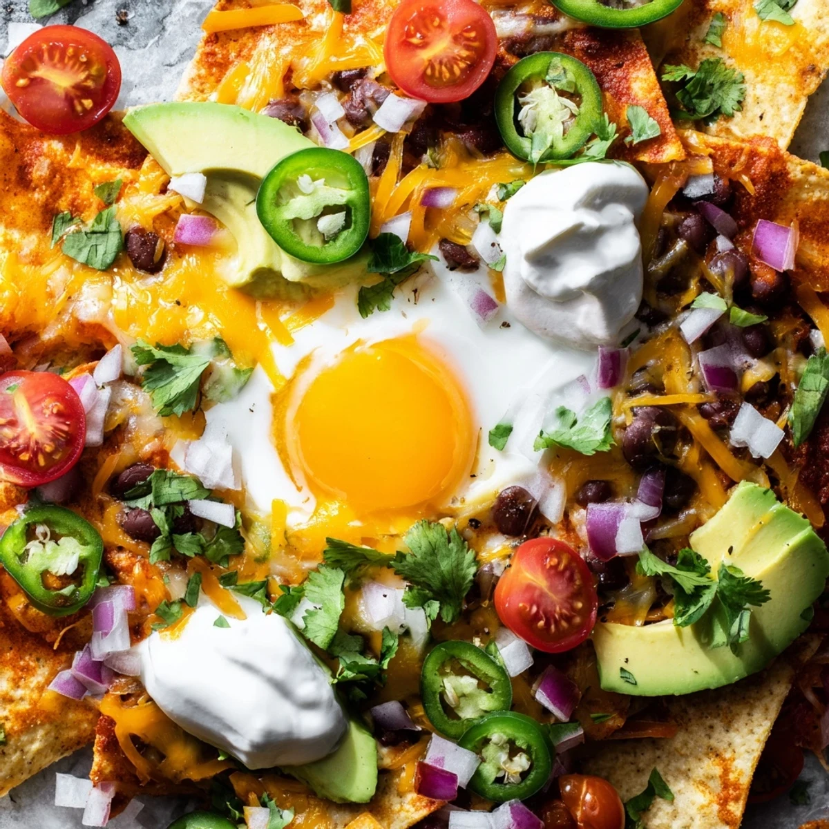 Vibrant Mexican egg nachos platter with sour cream, cilantro, cherry tomatoes, and creamy avocado