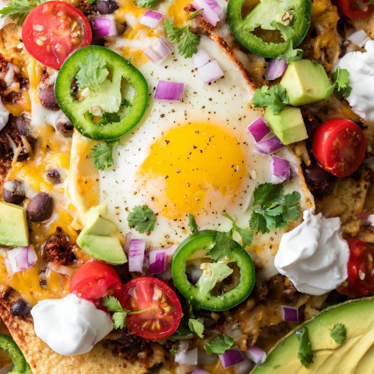 Baked Mexican egg nachos featuring crispy chips, spiced black beans, and perfectly runny eggs