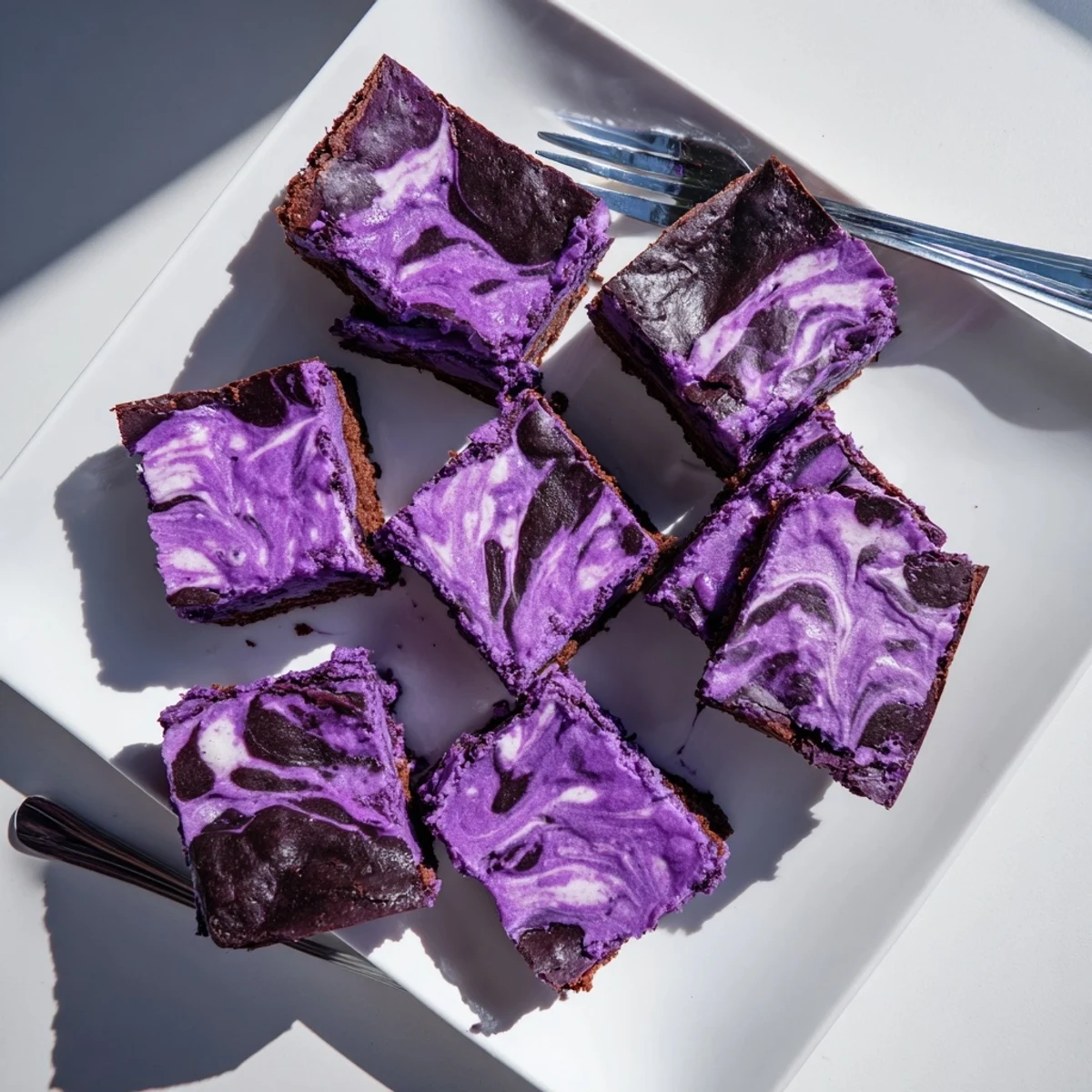Freshly baked ube brownies with chocolate swirls, cut into squares for serving