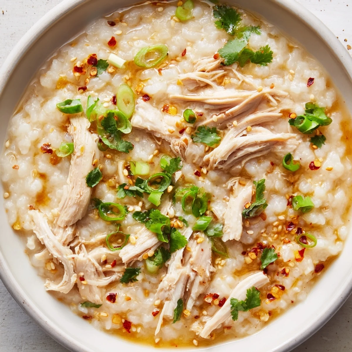 Steaming bowl of savory Asian fusion turkey congee topped with soft boiled egg and chili oil