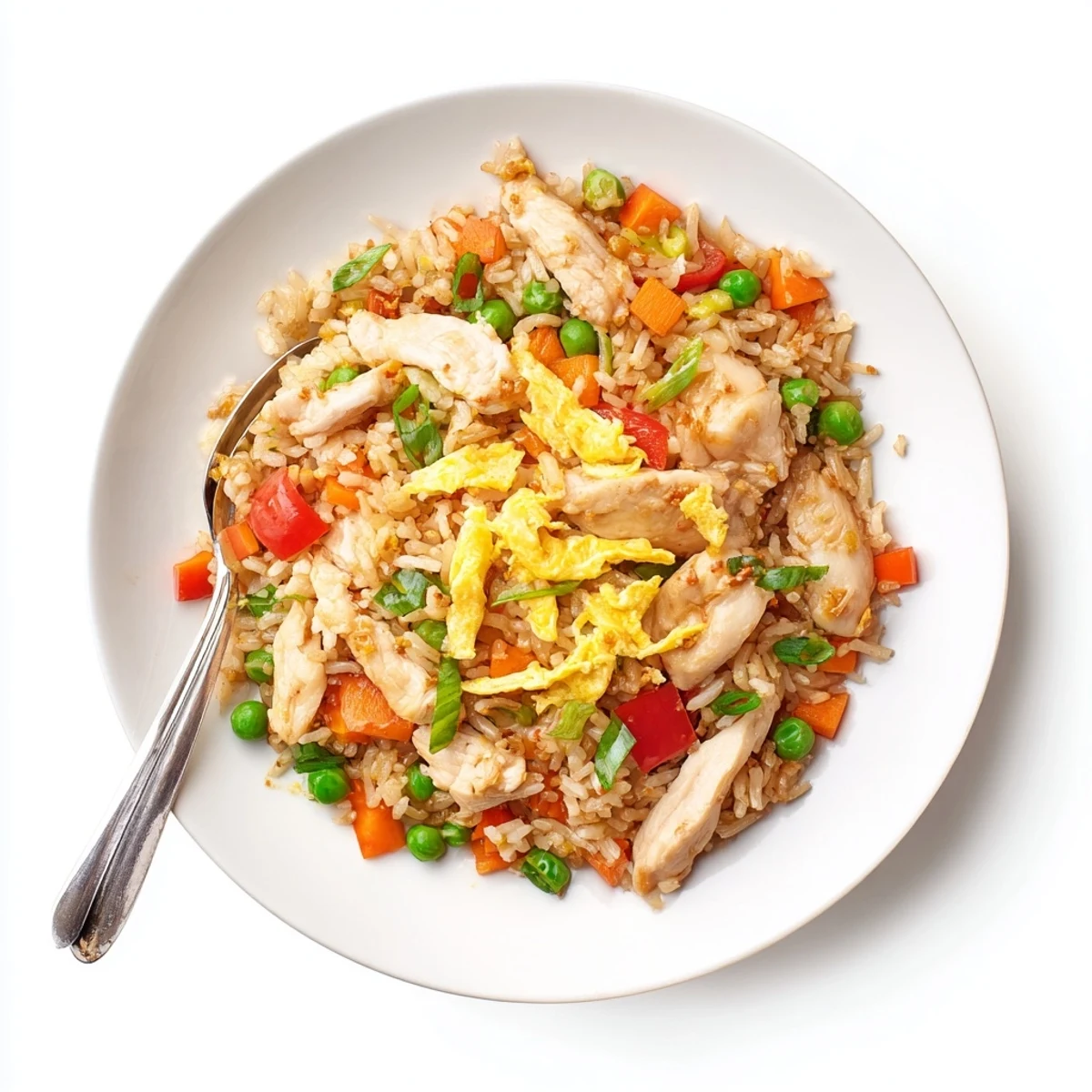 Golden chicken fried rice with colorful vegetables and delicate egg omelette strips on top
