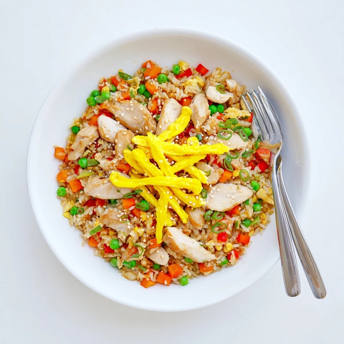 Savory Asian-style chicken fried rice featuring tender meat peas carrots and sliced rolled egg