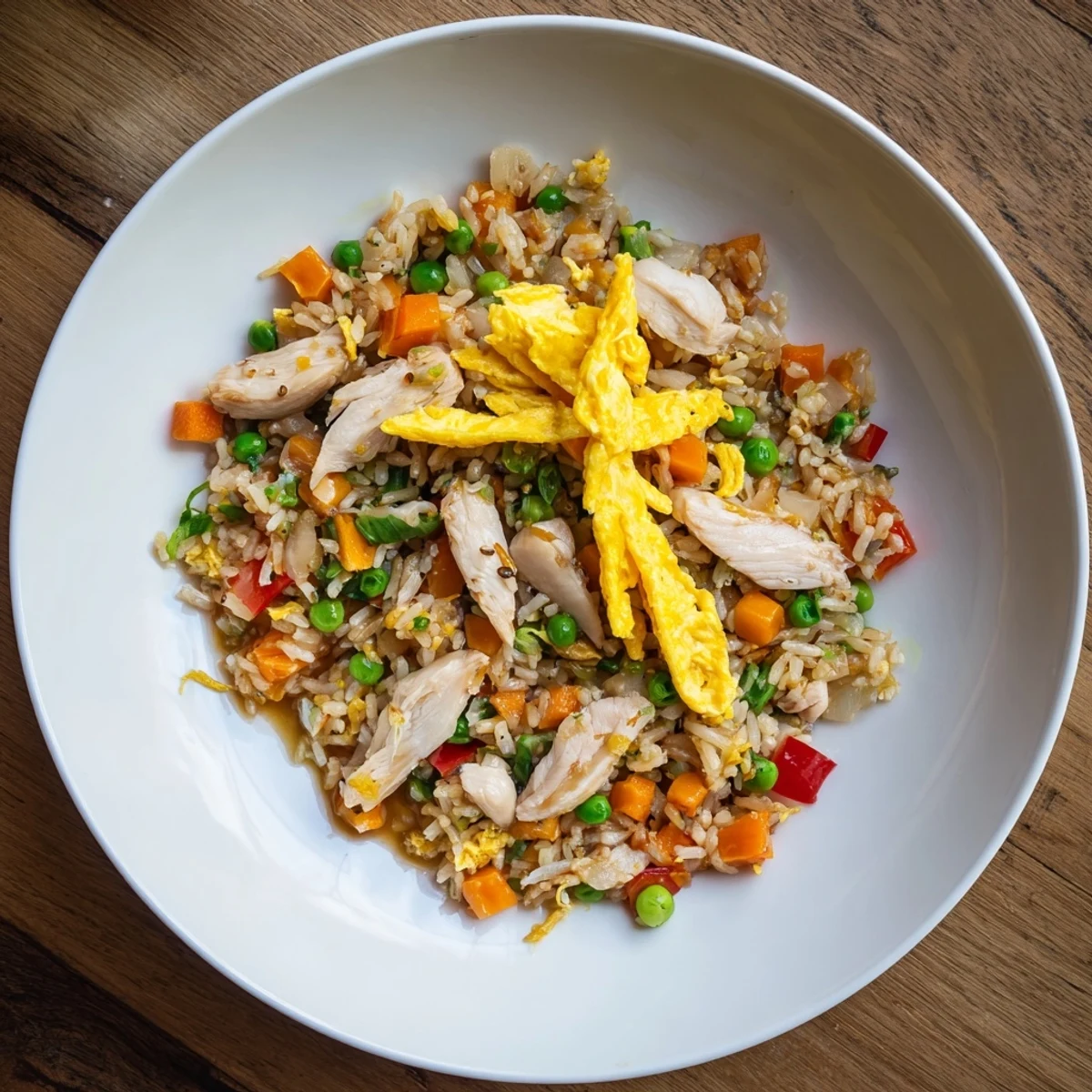 Steaming plate of chicken fried rice garnished with fresh green onions and egg ribbons