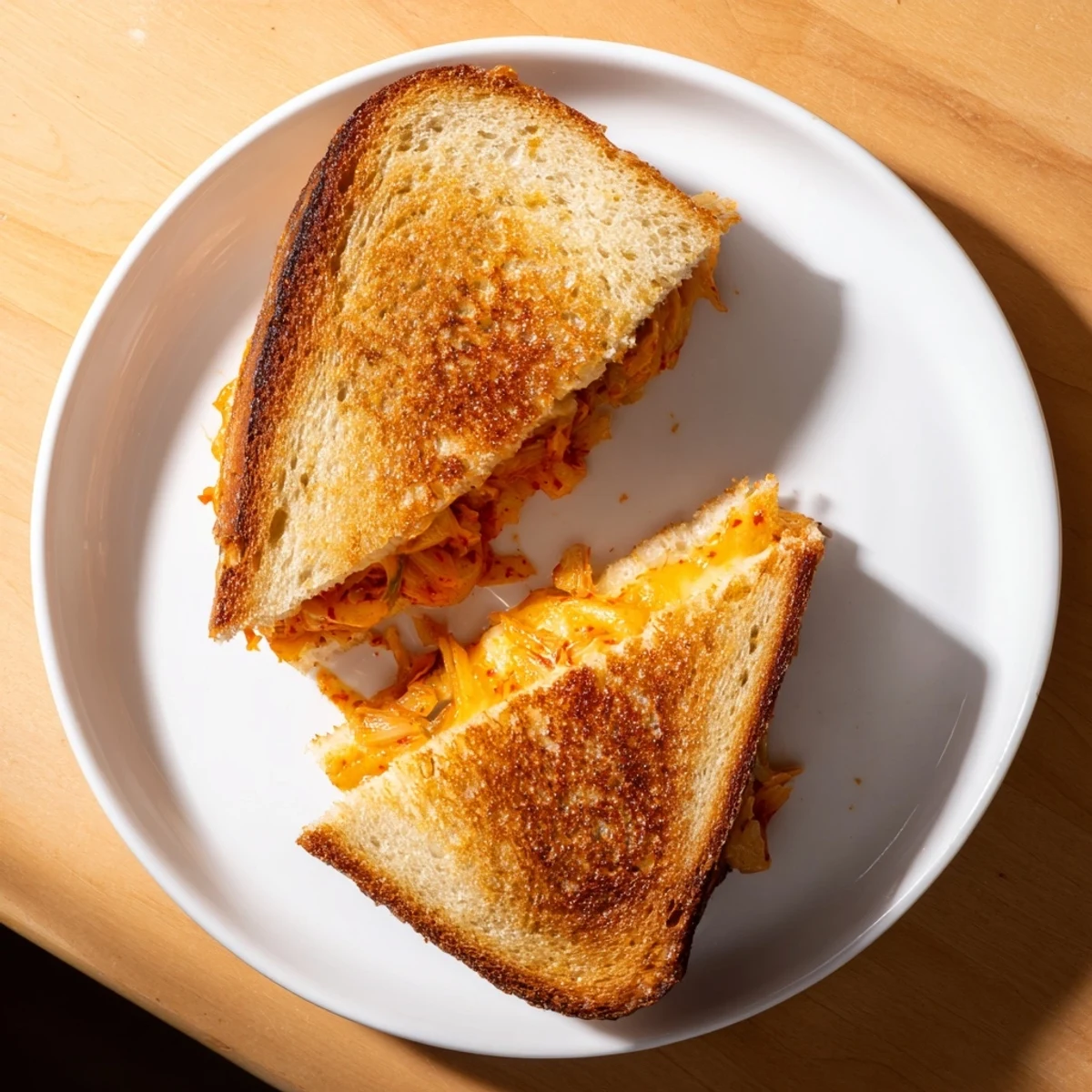 Hot Kimchi Grilled Cheese sandwich with perfectly toasted exterior and gooey cheese filling, served with a side of fresh tomato soup