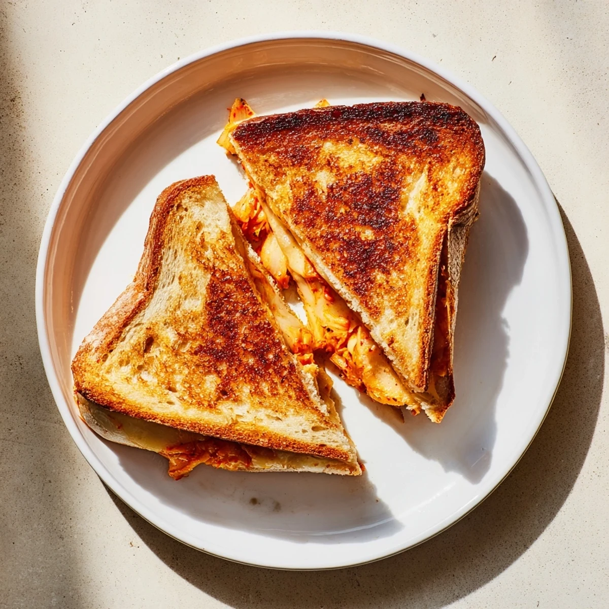 Sliced Kimchi Grilled Cheese sandwich showing layers of sharp cheddar, mozzarella, and spicy fermented kimchi on a wooden cutting board
