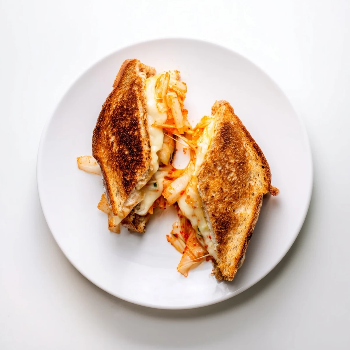Golden brown Kimchi Grilled Cheese sandwich with bubbling melted cheese and tangy chopped kimchi visible between crispy sourdough bread slices