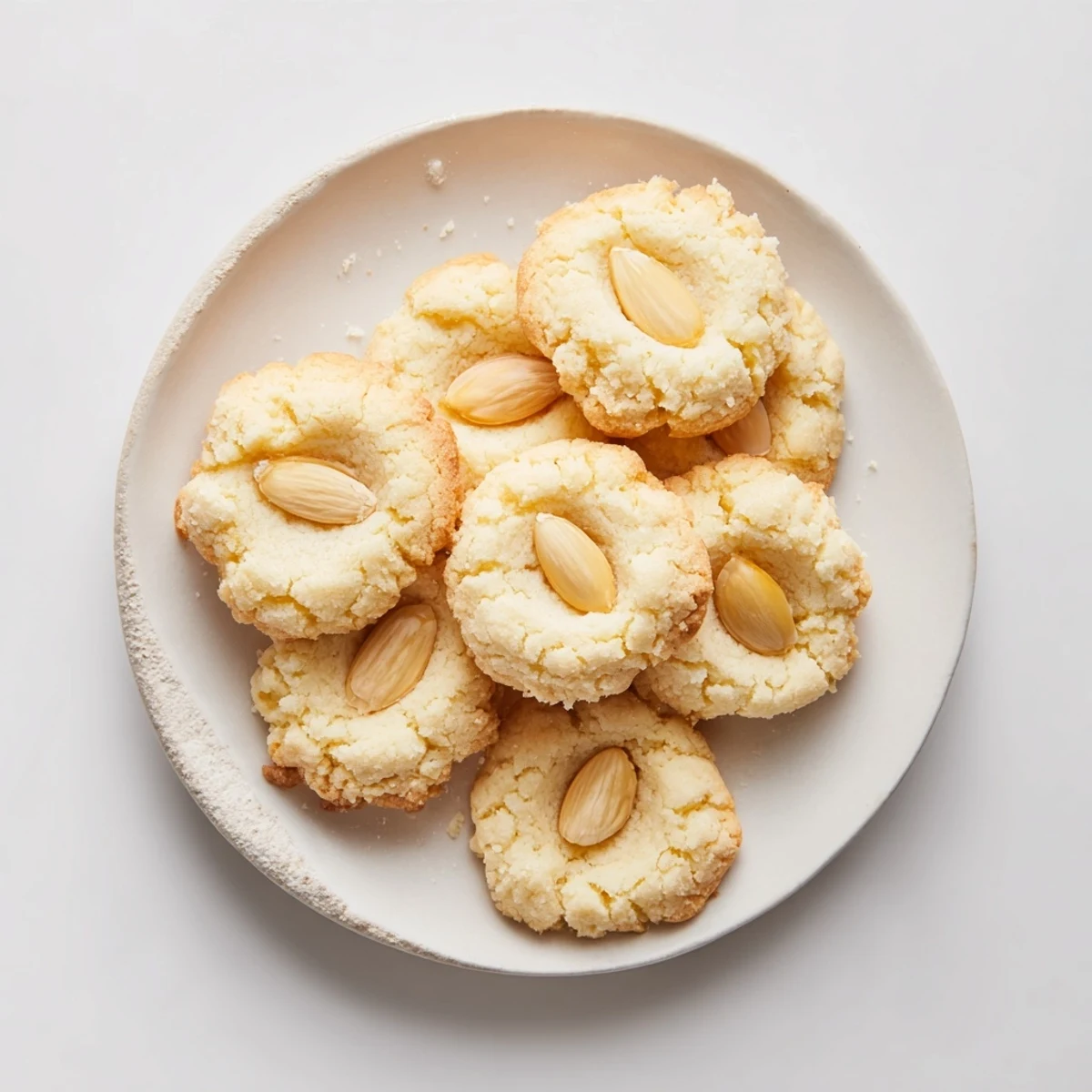 Golden Chinese almond cookies topped with whole almonds arranged on a baking sheet