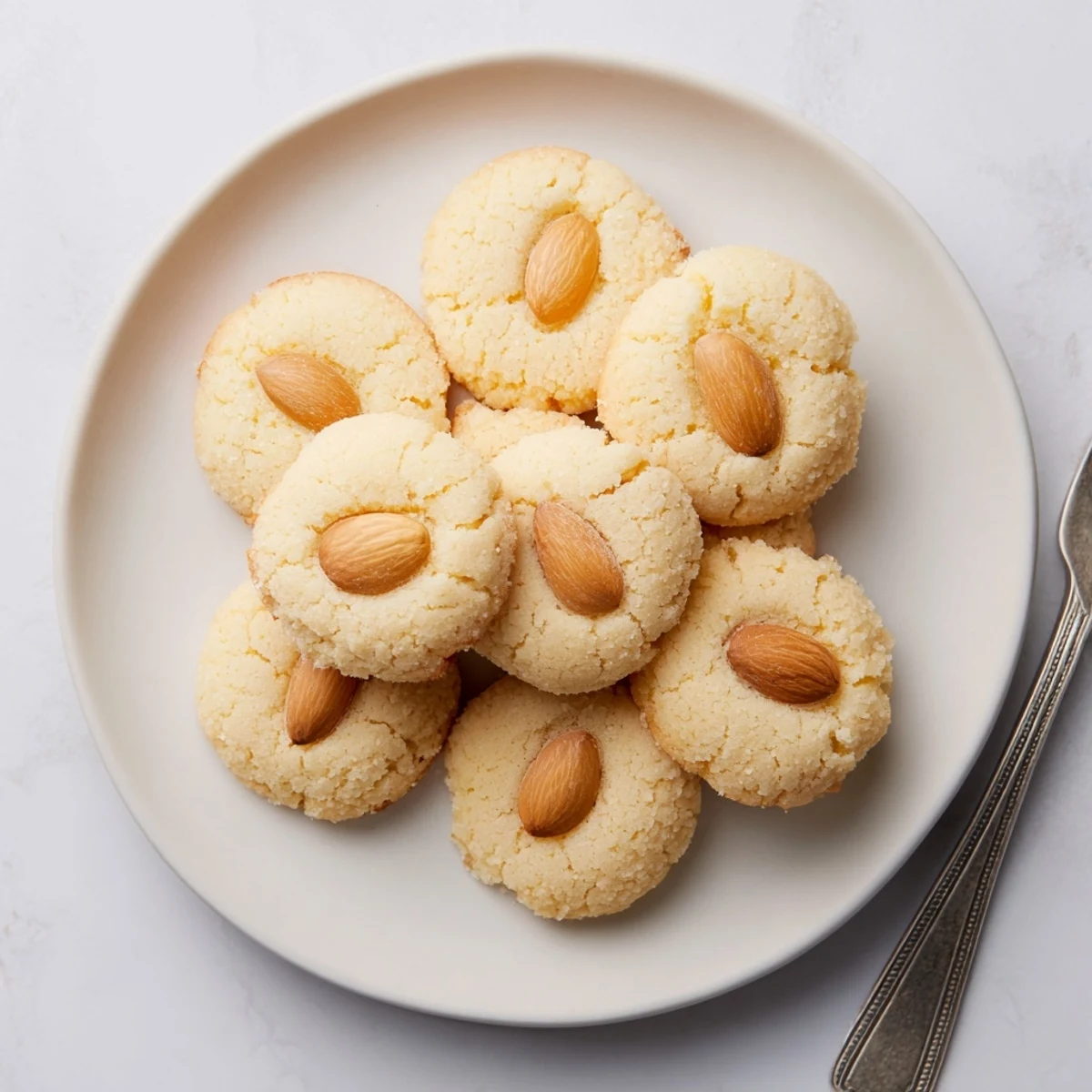 Plate of traditional Chinese almond cookies served alongside a cup of jasmine tea