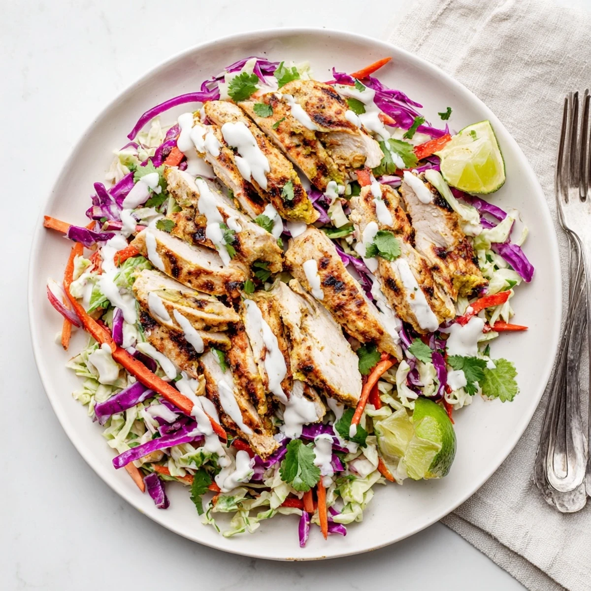 Spiced grilled chicken served atop crisp tangy cabbage slaw topped with refreshing mint yogurt sauce