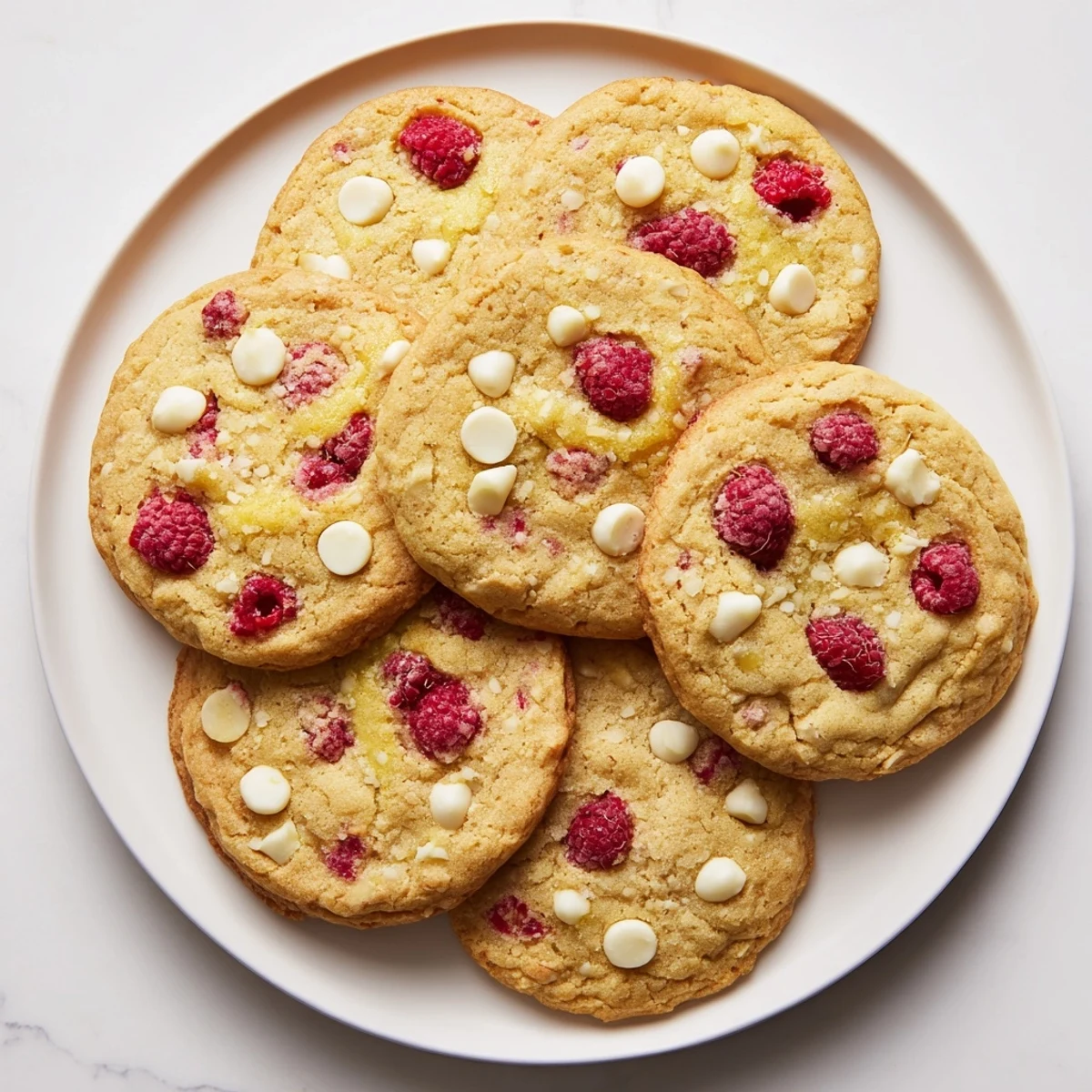 Stack of fluffy lemon raspberry cookies with melted white chocolate chips and raspberries