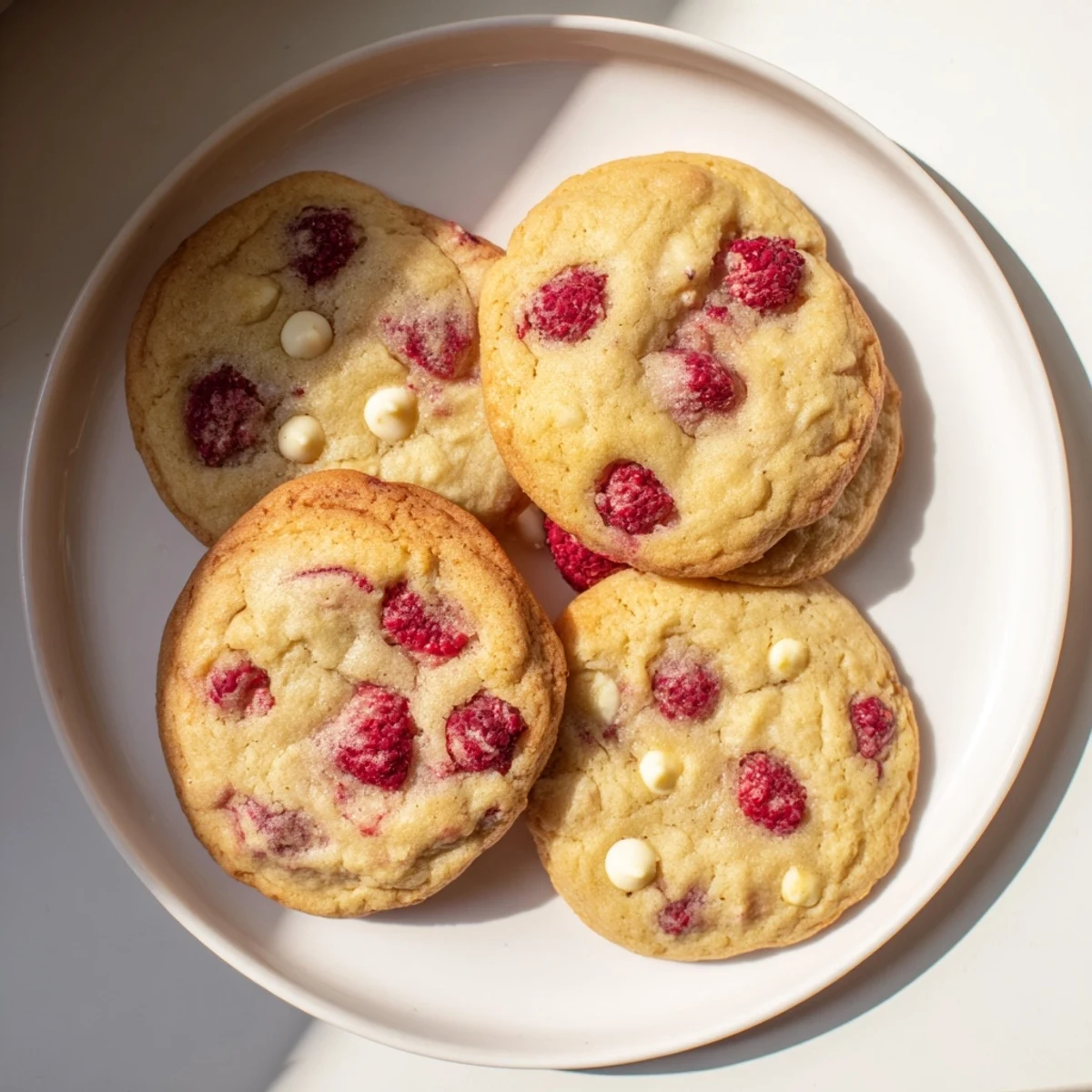 Soft baked lemon raspberry cookies on a white plate garnished with fresh lemon zest