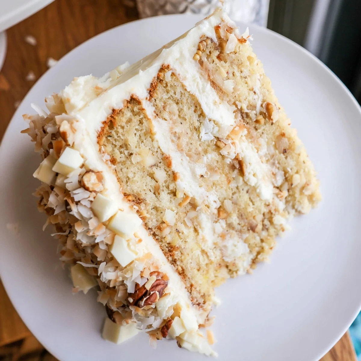 Three-layer white German chocolate cake with creamy coconut-pecan filling between moist white chocolate cake layers