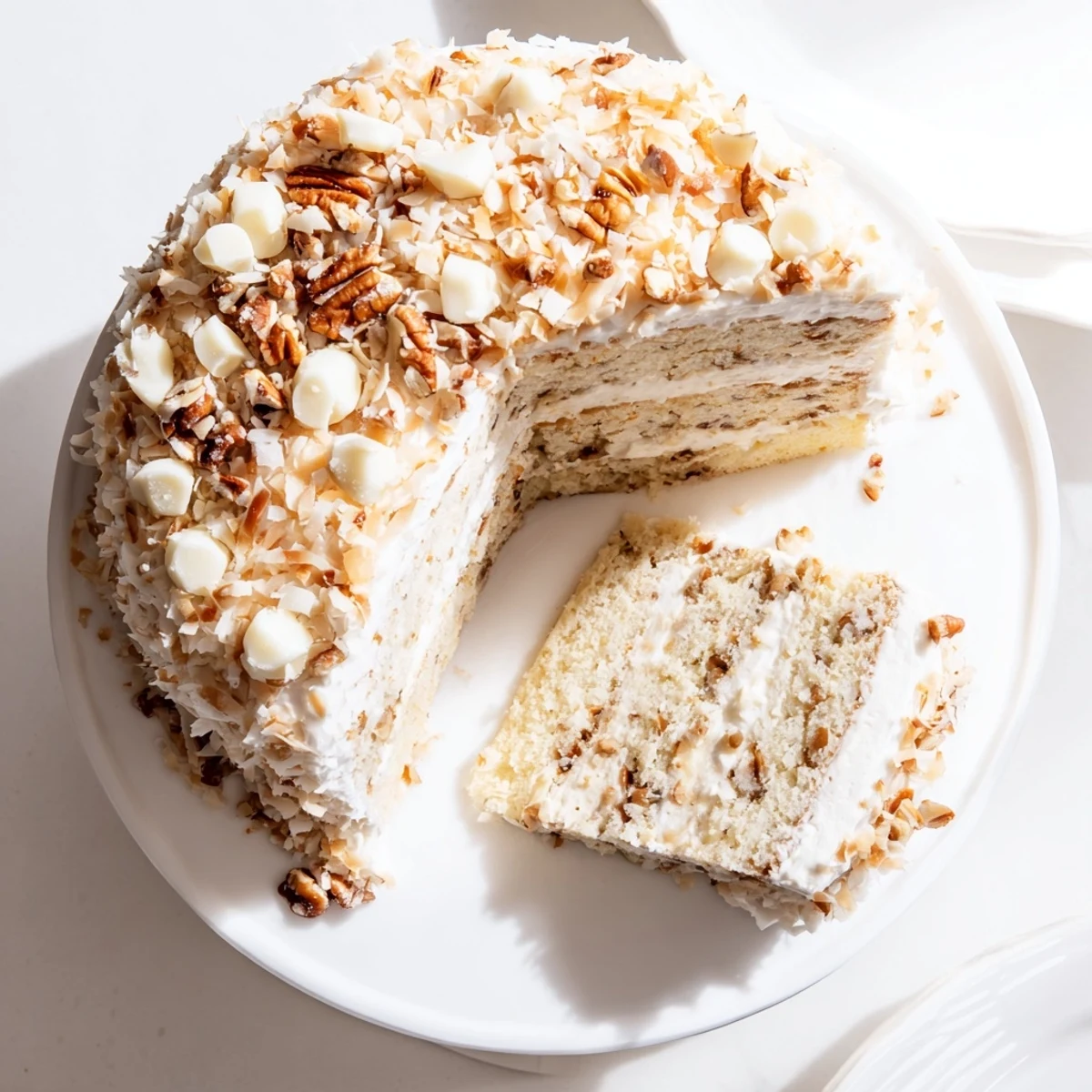 White German chocolate cake on serving plate drizzled with white chocolate and sprinkled with shredded coconut and pecans
