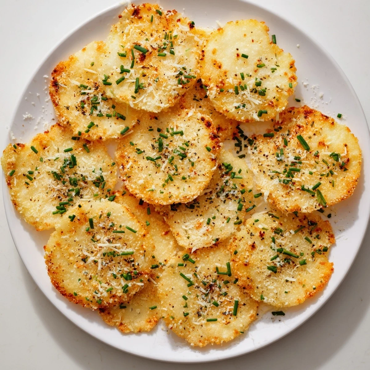 Golden crispy cottage cheese chips arranged on a white serving plate with chive garnish