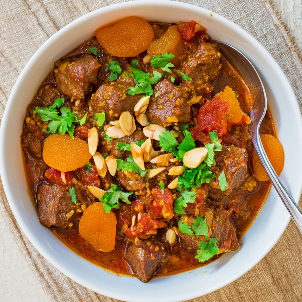 Golden Moroccan beef stew with apricots simmered in aromatic spices and garnished with fresh cilantro
