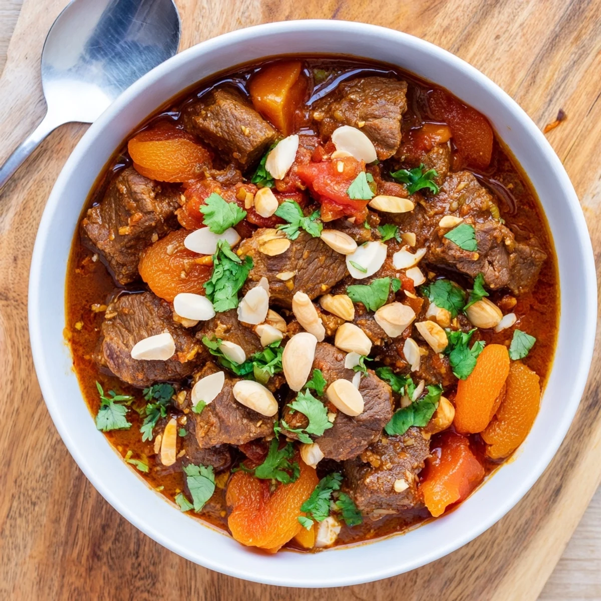 Hearty bowl of tender Moroccan beef stew featuring sweet apricots carrots and warming North African spices