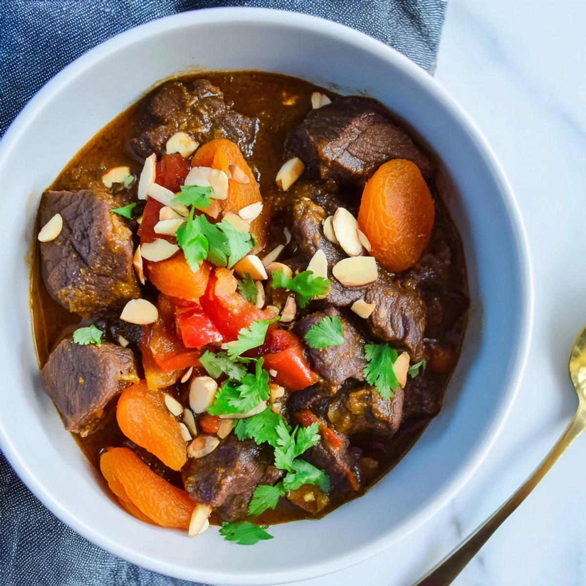 Rich slow-cooked Moroccan beef stew with apricots served over fluffy couscous with toasted almond garnish