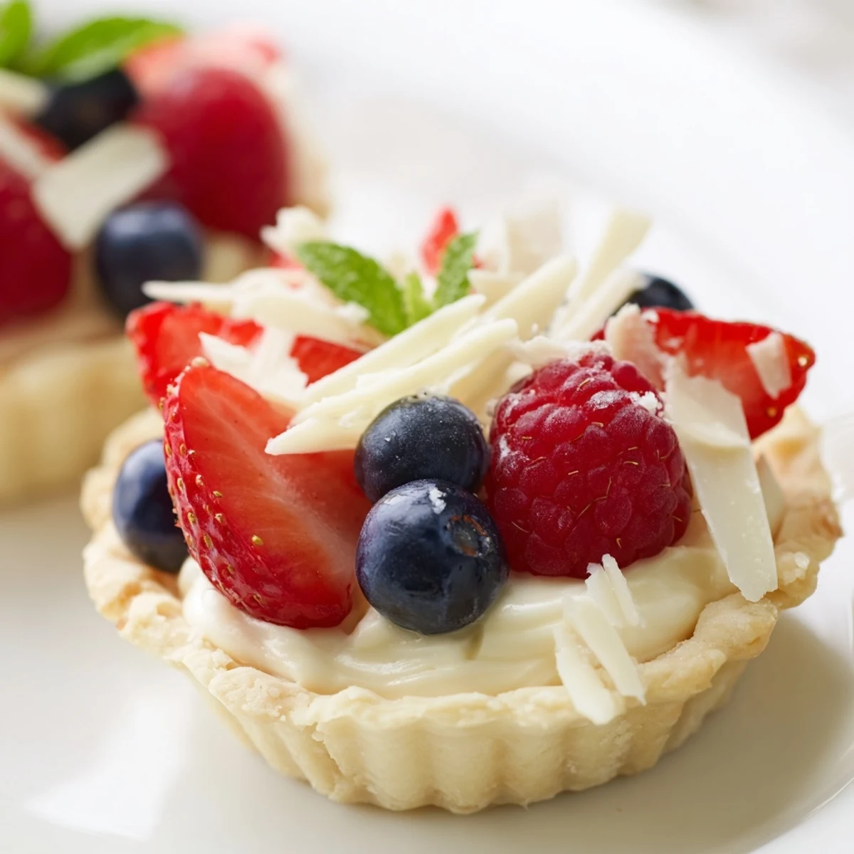 Silky white chocolate mousse filled in crisp tart shells garnished with mixed berries and mint