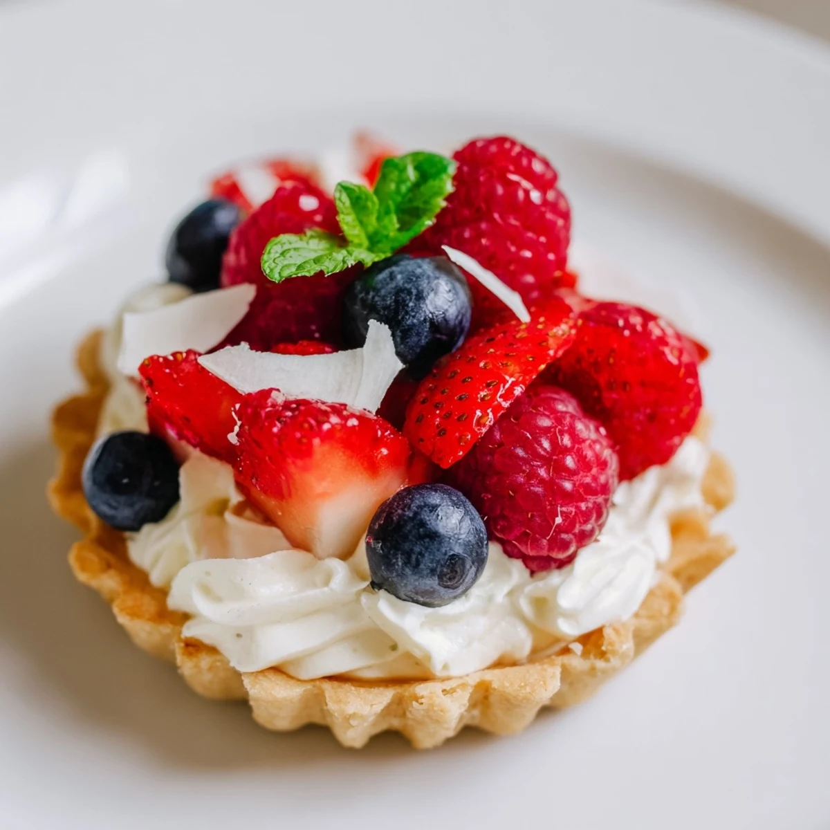 French-style dessert featuring smooth white chocolate mousse in pastry shells with vibrant berry topping
