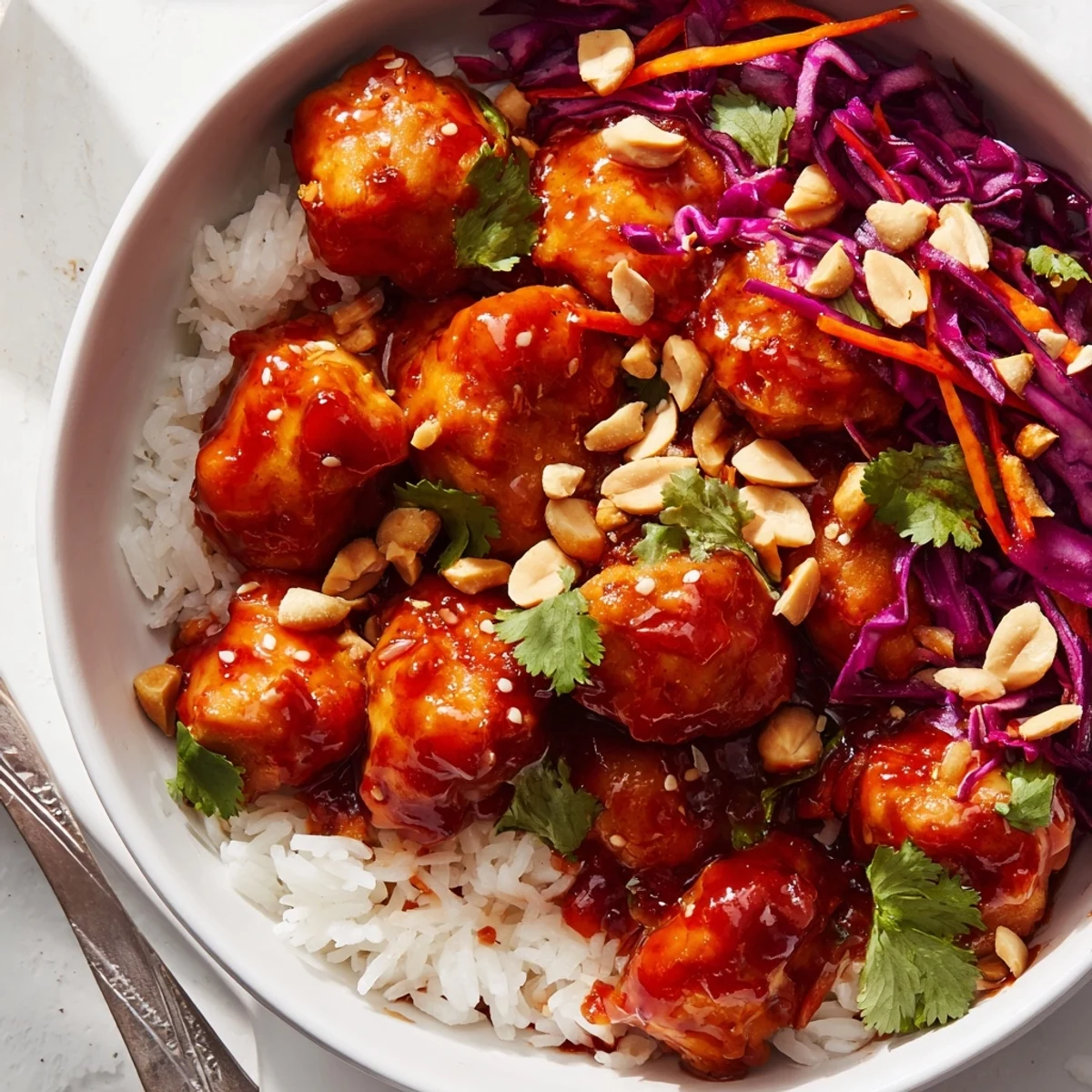 Golden glazed chicken pieces atop fluffy jasmine rice with crisp colorful vegetables and lime wedges in Thai sweet chili chicken Buddha bowls