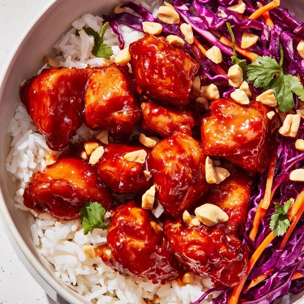 Vibrant meal prep bowl featuring tender Thai sweet chili chicken over rice with purple cabbage carrots and fresh cilantro garnish