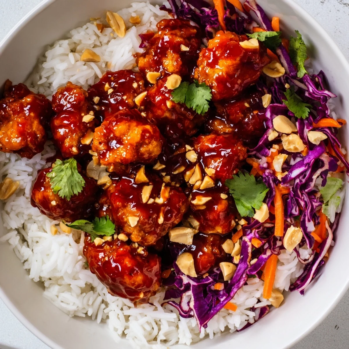 Rustic wooden serving bowl piled high with sweet chili glazed chicken crunchy veggies edamame and drizzled zesty lime dressing