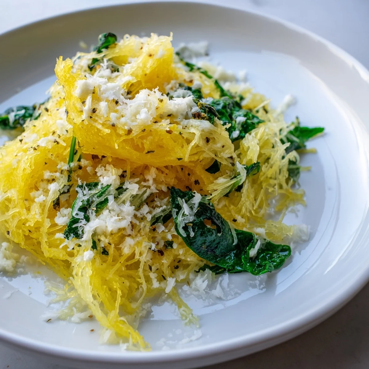 Creamy Boursin spaghetti squash topped with parmesan in a white serving bowl showing herbaceous coating