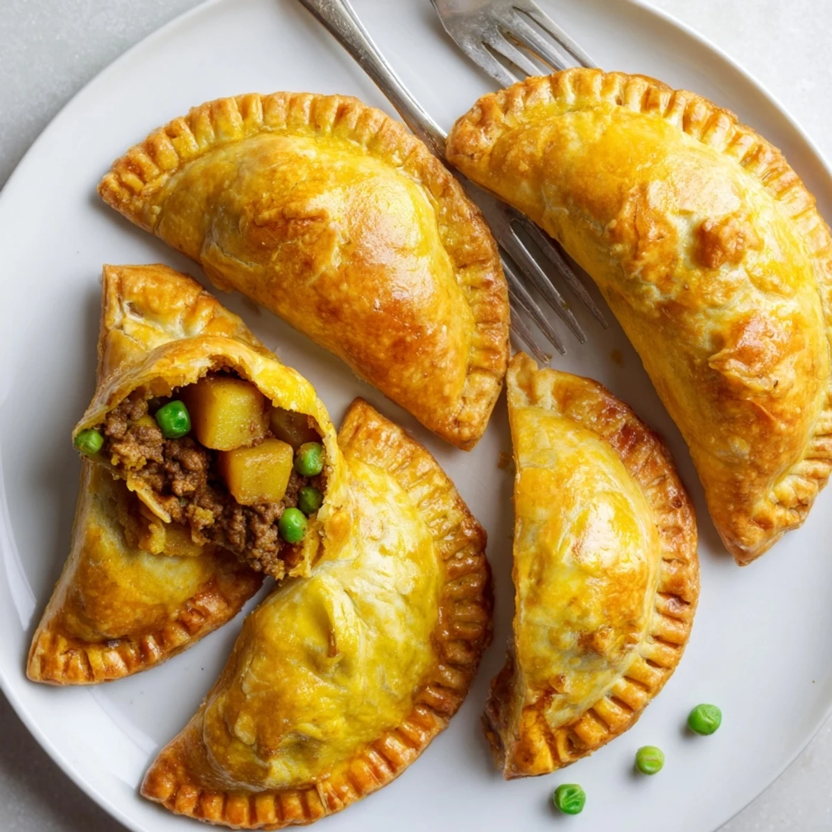 Freshly baked curry puffs with beef cut open revealing aromatic potato and pea filling