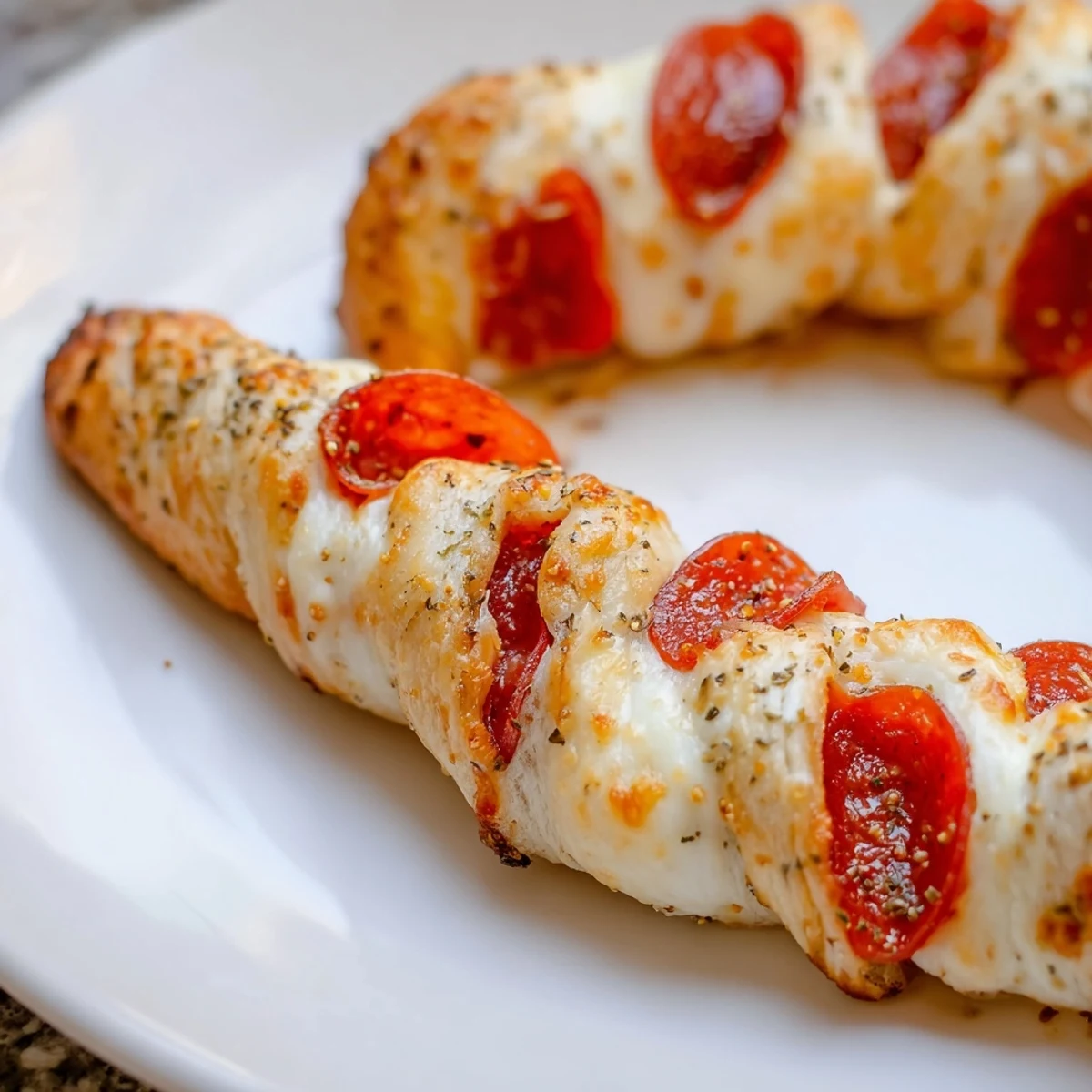 Golden candy cane pizza breadsticks topped with melted mozzarella and pepperoni slices on a baking sheet