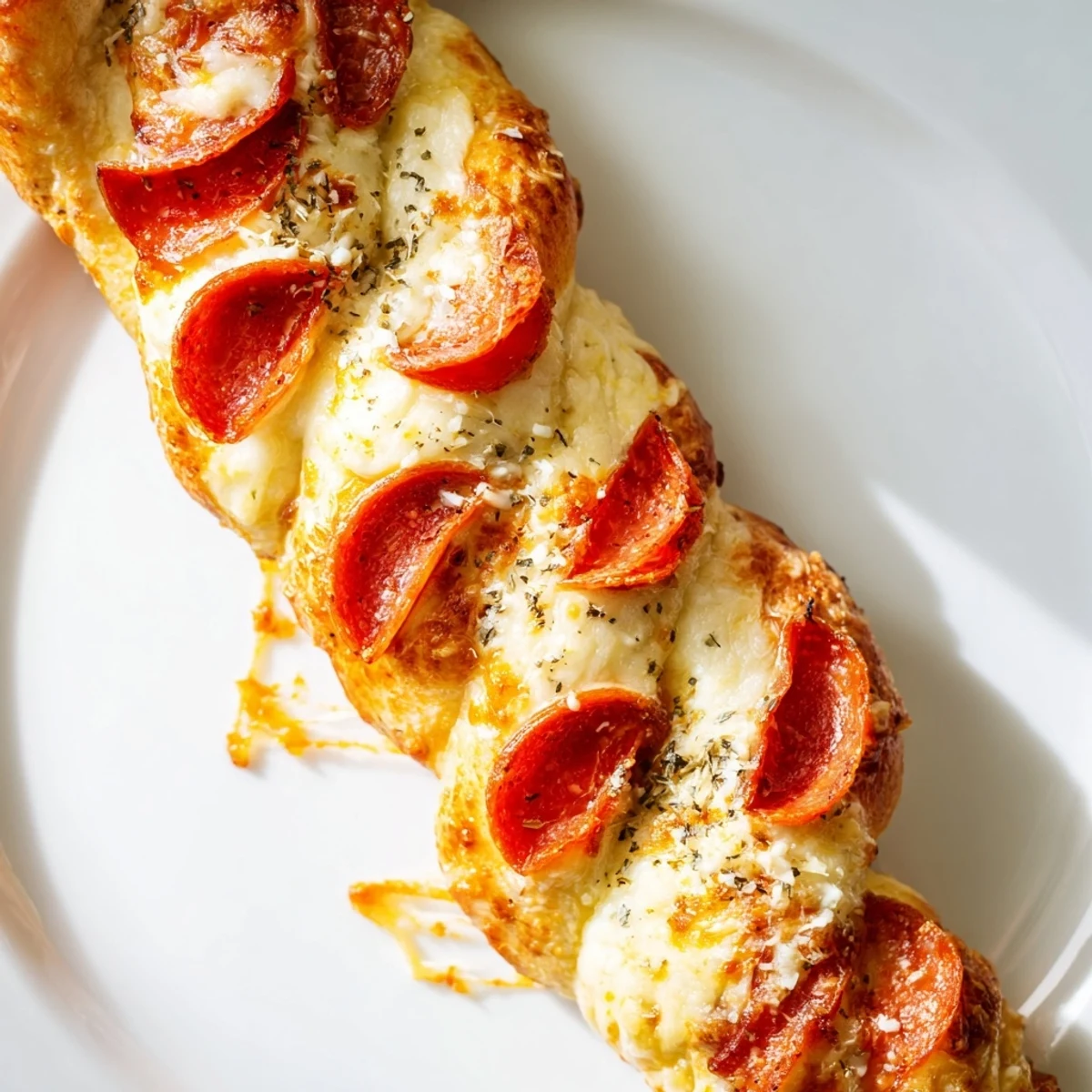 Soft pepperoni pizza breadsticks shaped like candy canes served with warm marinara dipping sauce