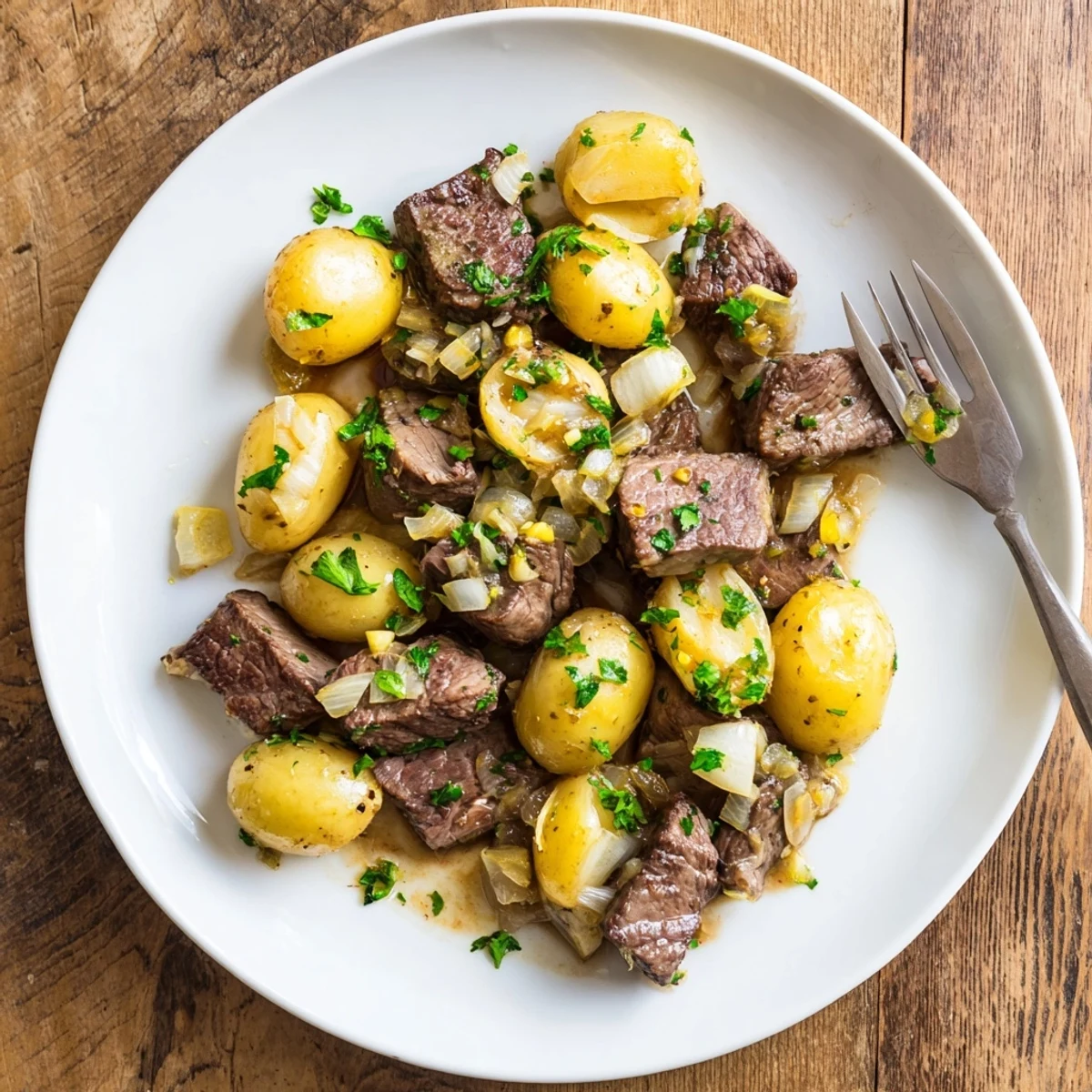 Tender slow cooker garlic butter steak bites with golden baby potatoes in a rich savory sauce