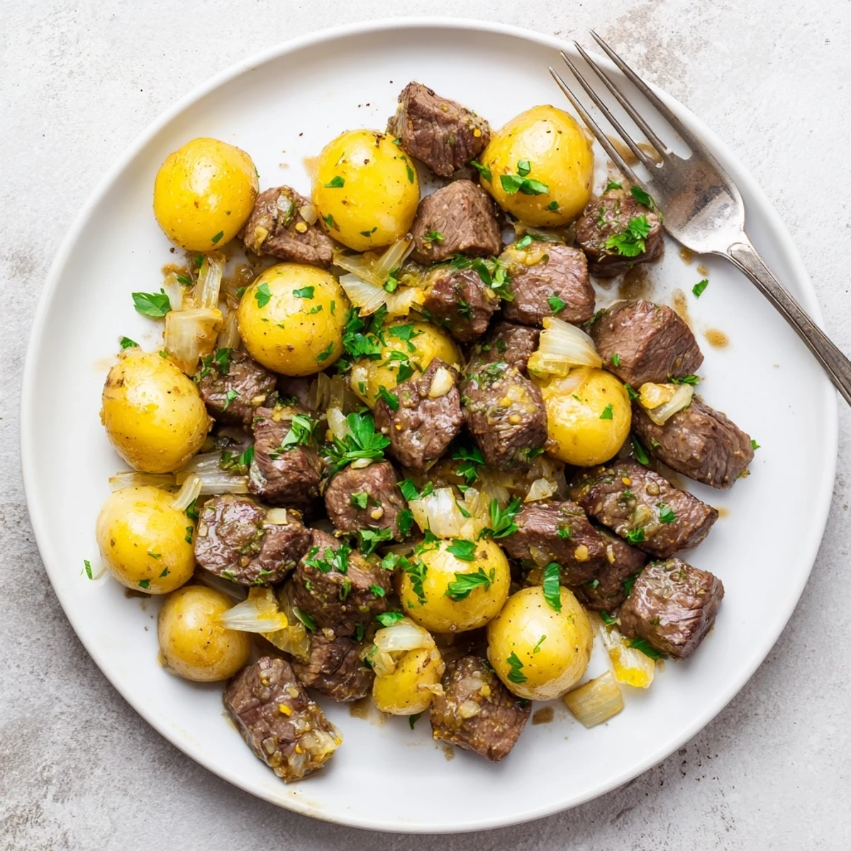 Golden seared steak bites and baby potatoes coated in melted garlic butter sauce with fresh parsley garnish