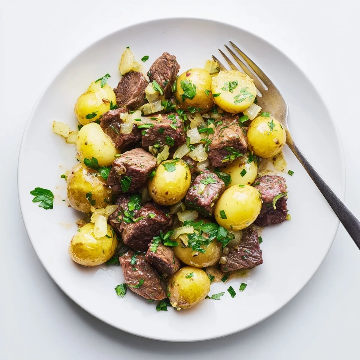 Hearty slow cooker garlic butter steak bites with tender potatoes served in a shallow white bowl