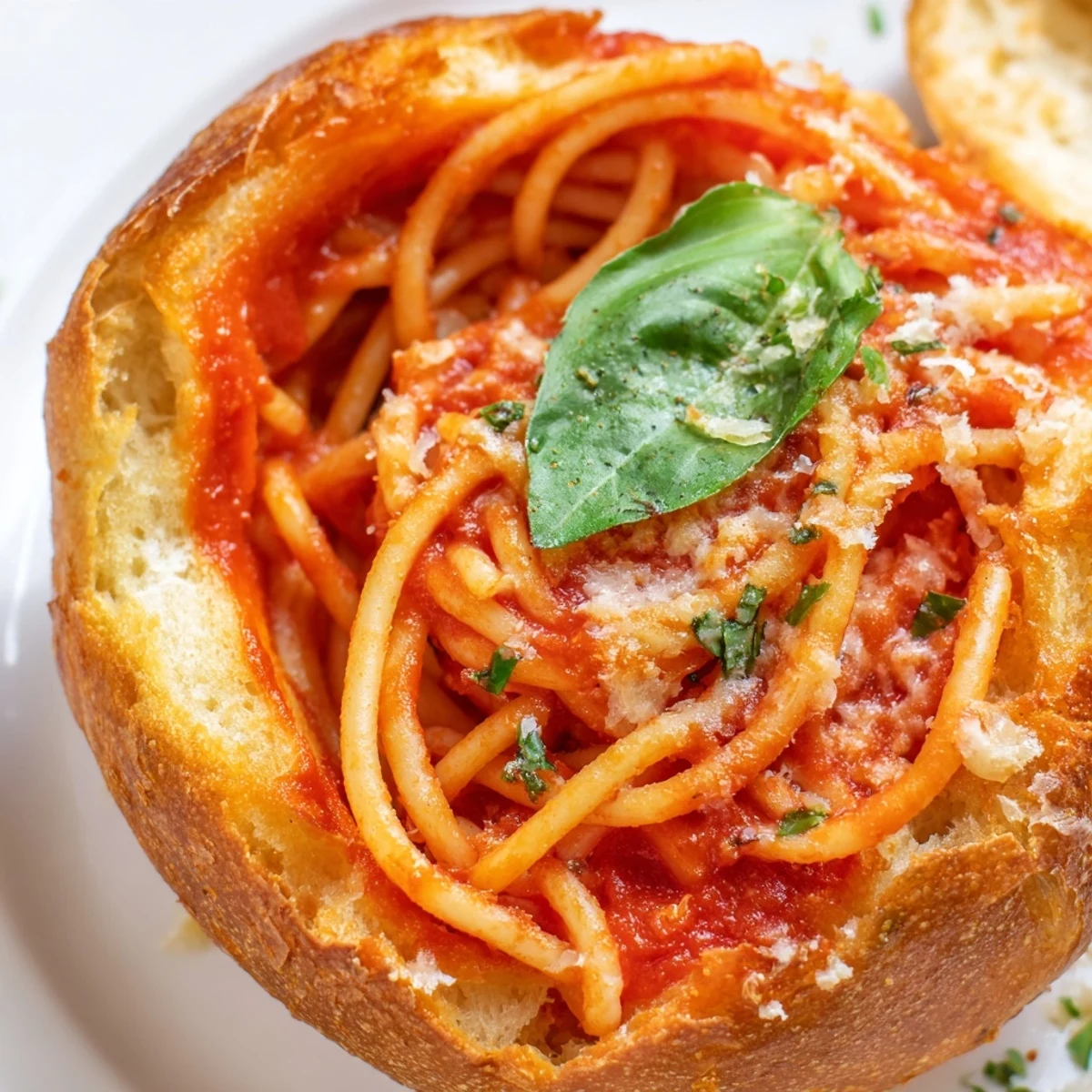 Golden crispy garlic bread bowl filled with spaghetti and marinara sauce topped with melted mozzarella