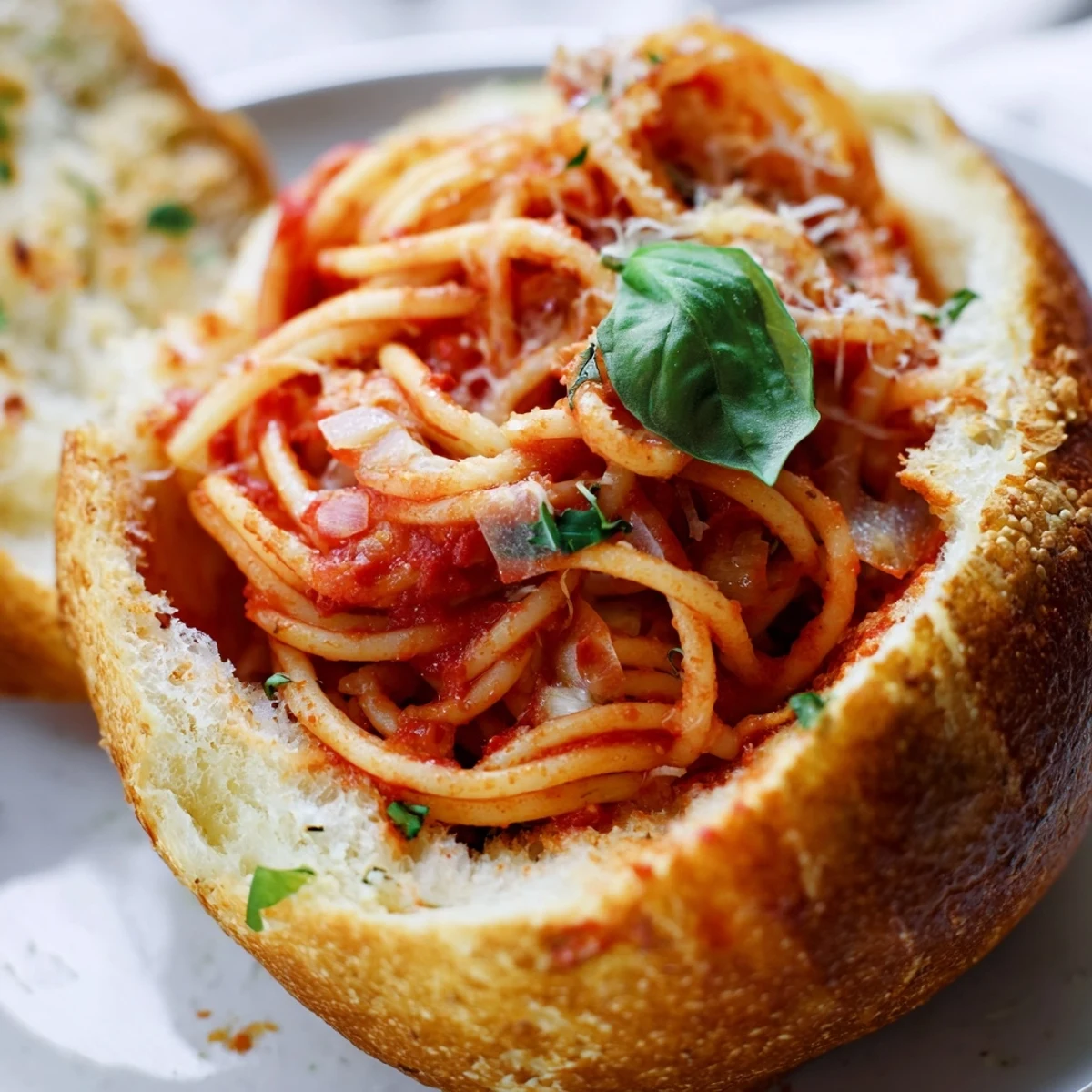 Italian-style spaghetti served inside toasted garlic bread bowl with savory red sauce and cheese topping
